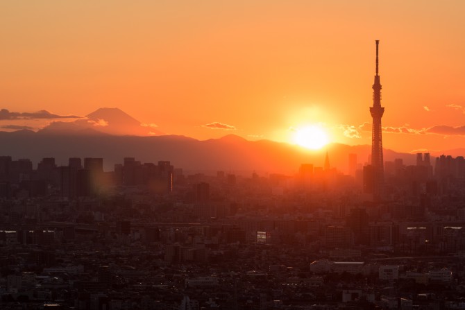 夕陽と富士山とスカイツリー アイ･リンクタウン展望施設より