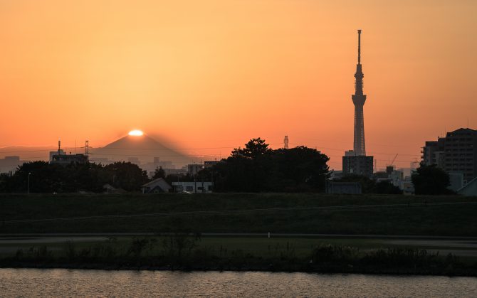 夕陽と富士山とスカイツリー