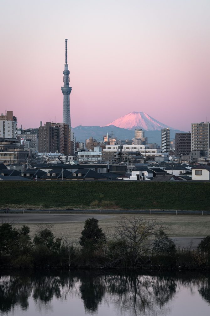 桃色の空と富士山、スカイツリー